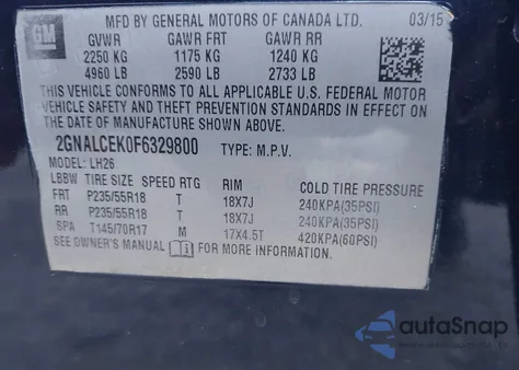 2015 Chevrolet Equinox 2Lt from USA, damaged, VIN 2GNALCEK0F6329800